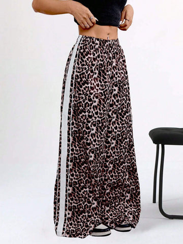 Coolane Women's Fall Y2K Trendy Streetwear Leopard Print Comfy Banded Texture Decoration Elastic Waistband Comfy Wide Leg Loose Long Pants