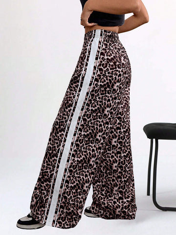 Coolane Women's Fall Y2K Trendy Streetwear Leopard Print Comfy Banded Texture Decoration Elastic Waistband Comfy Wide Leg Loose Long Pants