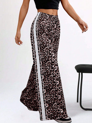 Coolane Women's Fall Y2K Trendy Streetwear Leopard Print Comfy Banded Texture Decoration Elastic Waistband Comfy Wide Leg Loose Long Pants