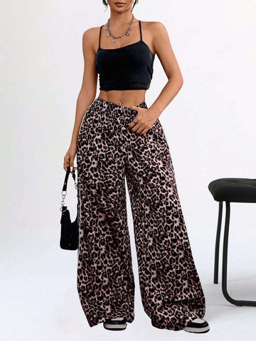 Coolane Women's Fall Y2K Trendy Streetwear Leopard Print Comfy Banded Texture Decoration Elastic Waistband Comfy Wide Leg Loose Long Pants