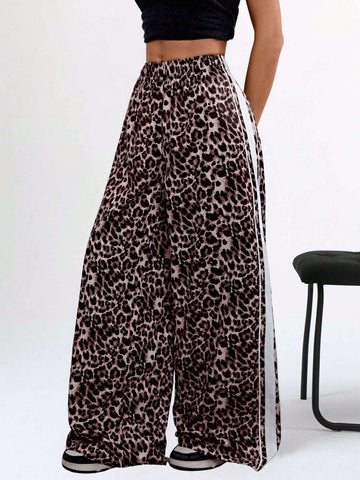 Coolane Women's Fall Y2K Trendy Streetwear Leopard Print Comfy Banded Texture Decoration Elastic Waistband Comfy Wide Leg Loose Long Pants