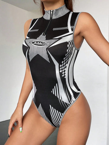 Women's Fashionable Motorcycle Stand Collar Bodysuit