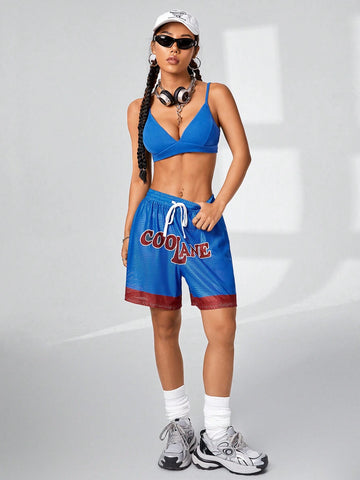 Women's Fashionable Streetwear Color-Blocked Logo Printed Athletic Shorts & Basic Bra 2pcs/Set For Spring/Summer