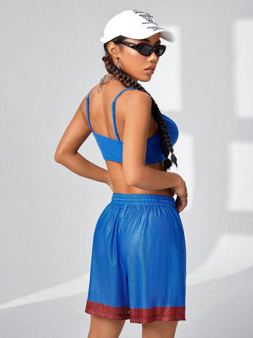 Women's Fashionable Streetwear Color-Blocked Logo Printed Athletic Shorts & Basic Bra 2pcs/Set For Spring/Summer