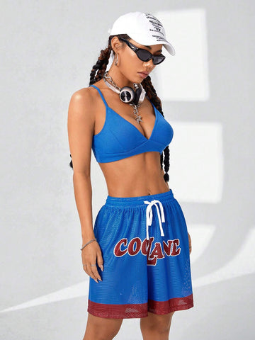 Women's Fashionable Streetwear Color-Blocked Logo Printed Athletic Shorts & Basic Bra 2pcs/Set For Spring/Summer