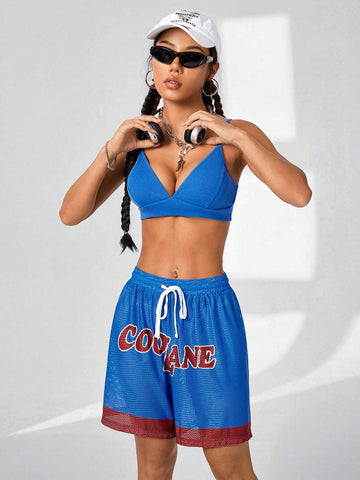 Women's Fashionable Streetwear Color-Blocked Logo Printed Athletic Shorts & Basic Bra 2pcs/Set For Spring/Summer