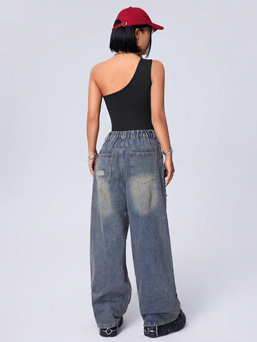 Women's Irregular One Shoulder Colorblock Bodysuit With Black Trim