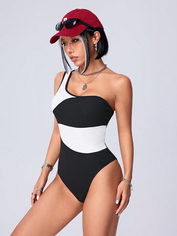 Women's Irregular One Shoulder Colorblock Bodysuit With Black Trim
