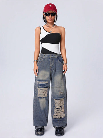 Women's Irregular One Shoulder Colorblock Bodysuit With Black Trim