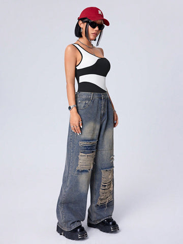 Women's Irregular One Shoulder Colorblock Bodysuit With Black Trim
