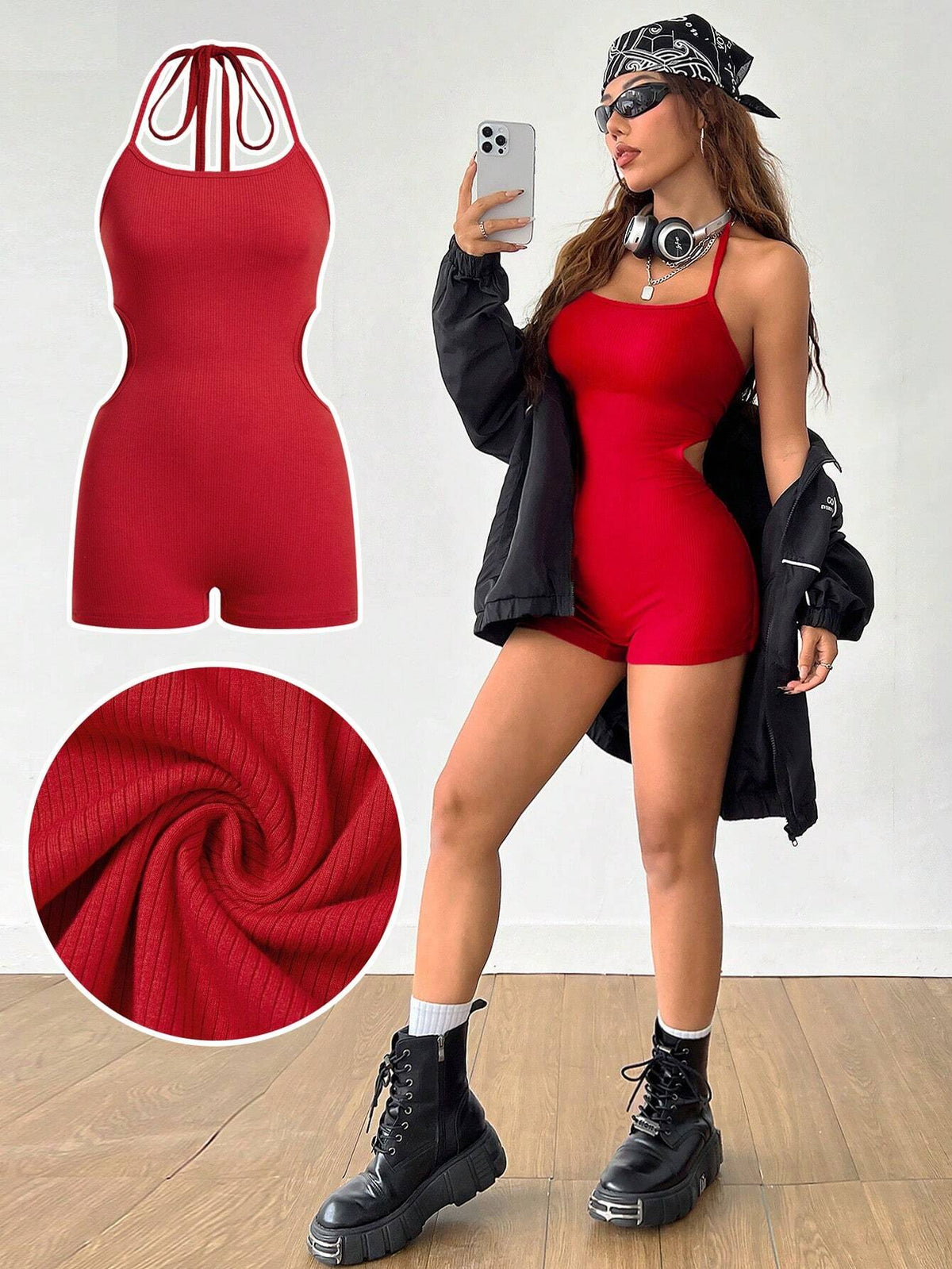 Women's Knitted Solid Color Jumpsuit With Cutout Waist And Wrap Neckband