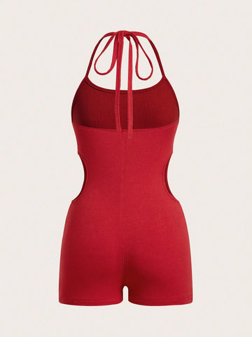 Women's Knitted Solid Color Jumpsuit With Cutout Waist And Wrap Neckband