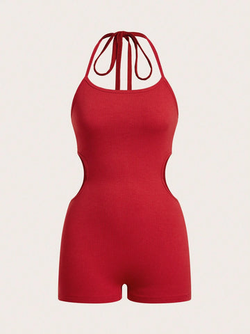 Women's Knitted Solid Color Jumpsuit With Cutout Waist And Wrap Neckband