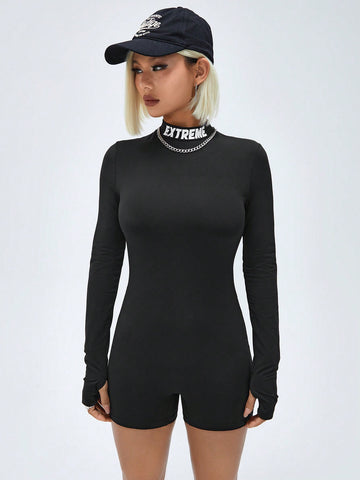 Women's Letter Pattern Turtleneck Long Sleeve Bodysuit