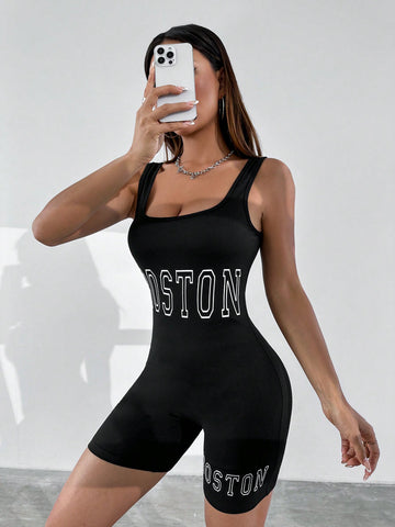 Women's Letter Print Tight Bodysuit Shorts