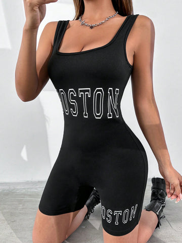 Women's Letter Print Tight Bodysuit Shorts
