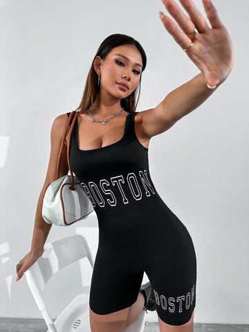 Women's Letter Print Tight Bodysuit Shorts