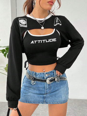 Women's Letter Printed Short Crop Top And Camisole Tank Top 2pcs Set