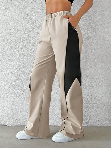 Coolane Women's Loose Elastic Waist Colorblock Casual Wide Leg Pants With Pockets, Daily