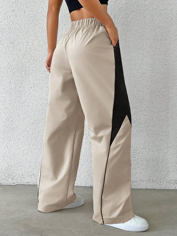 Coolane Women's Loose Elastic Waist Colorblock Casual Wide Leg Pants With Pockets, Daily