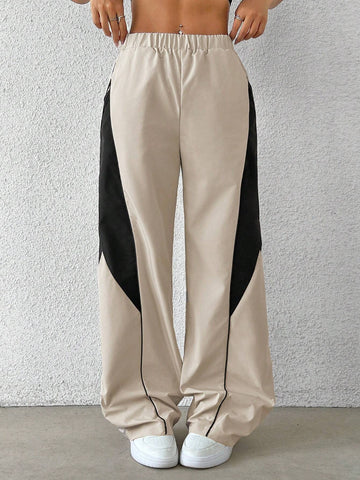 Coolane Women's Loose Elastic Waist Colorblock Casual Wide Leg Pants With Pockets, Daily