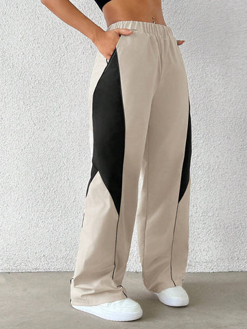 Coolane Women's Loose Elastic Waist Colorblock Casual Wide Leg Pants With Pockets, Daily