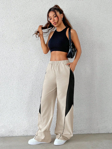 Coolane Women's Loose Elastic Waist Colorblock Casual Wide Leg Pants With Pockets, Daily