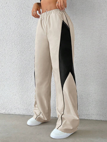 Coolane Women's Loose Elastic Waist Colorblock Casual Wide Leg Pants With Pockets, Daily