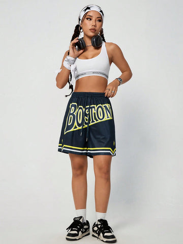 Coolane Women's Mesh Sports Shorts With Letter Print
