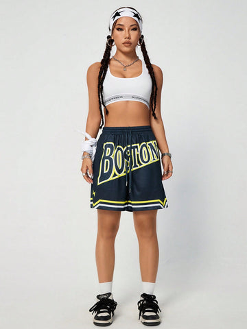 Coolane Women's Mesh Sports Shorts With Letter Print