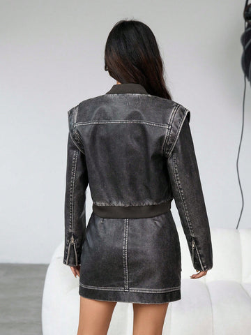 Women's Pu Water Washed Distressed Long Sleeve Baseball Jacket And Skirt Set