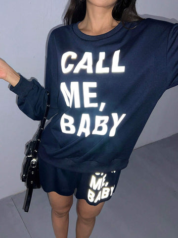 Women's Round Neck Letter Printed Casual Long Sleeve Sweatshirt And Shorts 2pcs Set