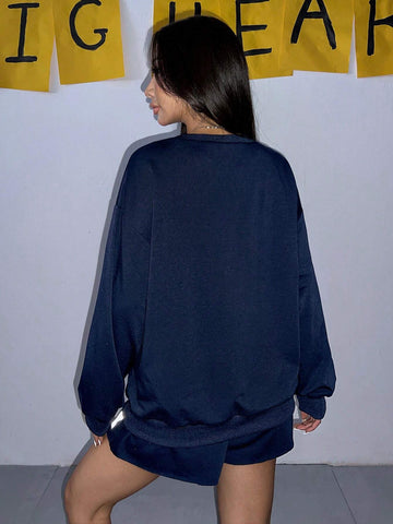Women's Round Neck Letter Printed Casual Long Sleeve Sweatshirt And Shorts 2pcs Set