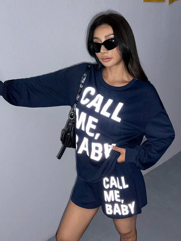 Women's Round Neck Letter Printed Casual Long Sleeve Sweatshirt And Shorts 2pcs Set
