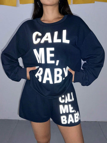 Women's Round Neck Letter Printed Casual Long Sleeve Sweatshirt And Shorts 2pcs Set