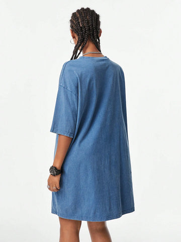 Women's Round Neck Short Sleeve Solid Color Simple Style Pure Cotton Washed Snow Flake Craft
