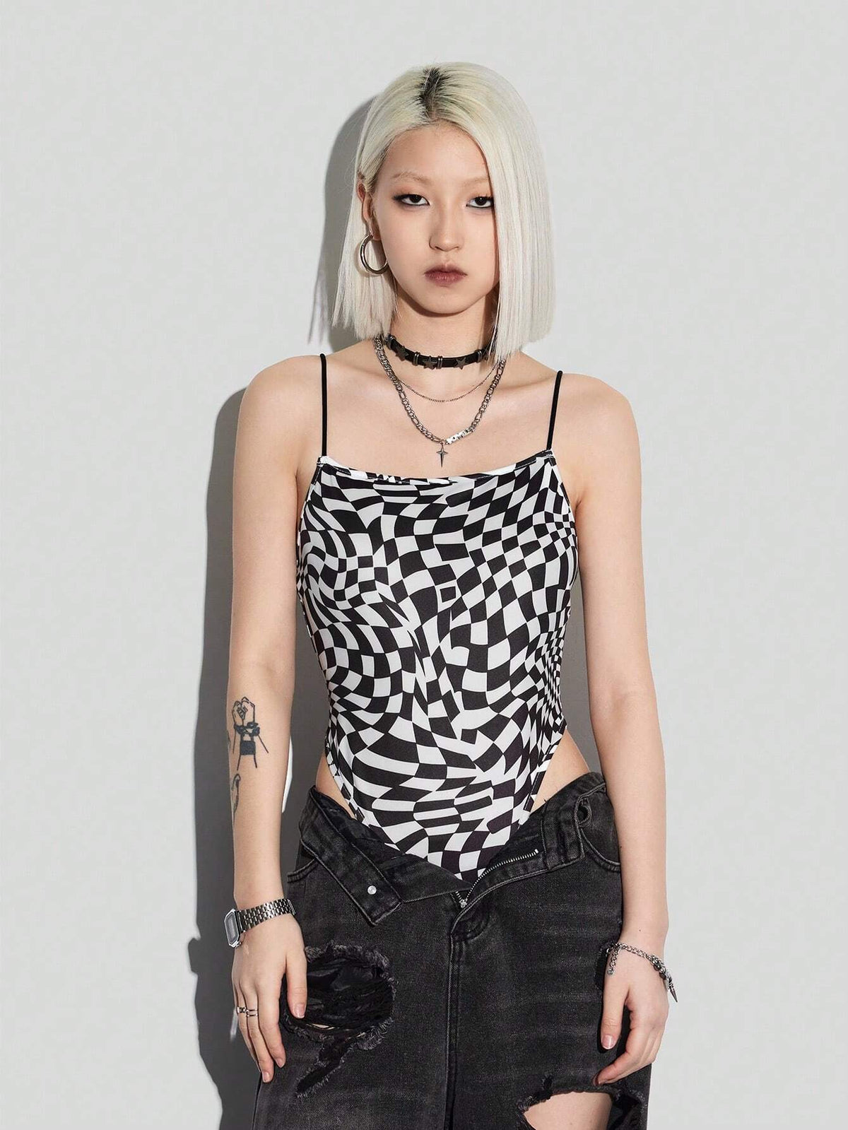 Women's Sexy Checkerboard Print Halter Jumpsuit With Fashionable Style