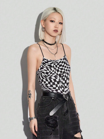 Women's Sexy Checkerboard Print Halter Jumpsuit With Fashionable Style