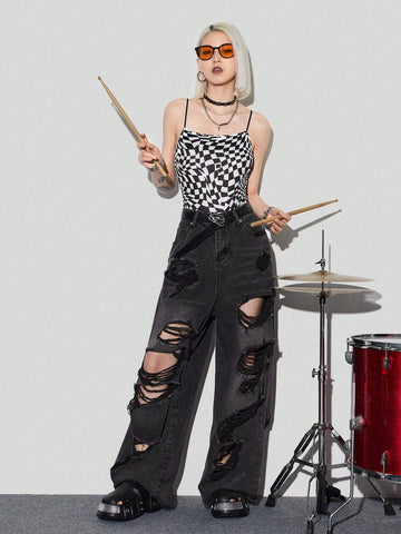 Women's Sexy Checkerboard Print Halter Jumpsuit With Fashionable Style