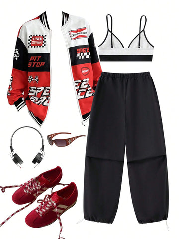 Women's Spring Sportswear Going Out Graphics Sports Bra With Coasters And Parachute Pants Two Piece Outfits