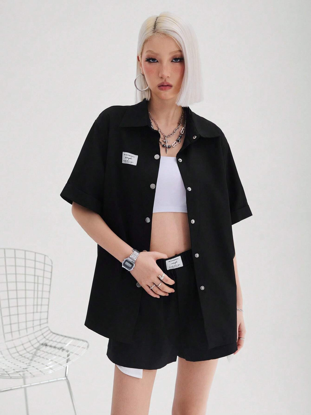 Women's Street Style Cool Casual Workwear Cloth Label Short Sleeve Shirt And Shorts Two Piece Set