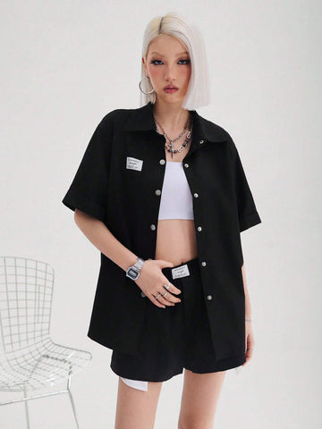 Women's Street Style Cool Casual Workwear Cloth Label Short Sleeve Shirt And Shorts Two Piece Set