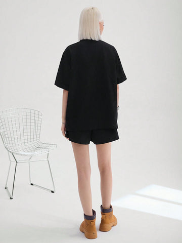 Women's Street Style Cool Casual Workwear Cloth Label Short Sleeve Shirt And Shorts Two Piece Set