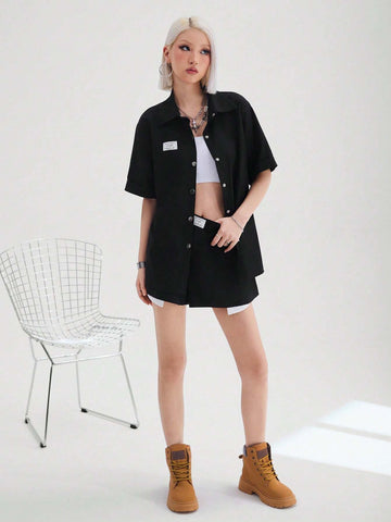 Women's Street Style Cool Casual Workwear Cloth Label Short Sleeve Shirt And Shorts Two Piece Set