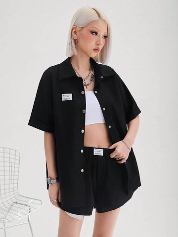 Women's Street Style Cool Casual Workwear Cloth Label Short Sleeve Shirt And Shorts Two Piece Set