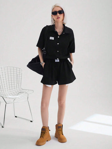 Women's Street Style Cool Casual Workwear Cloth Label Short Sleeve Shirt And Shorts Two Piece Set
