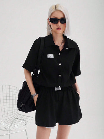 Women's Street Style Cool Casual Workwear Cloth Label Short Sleeve Shirt And Shorts Two Piece Set