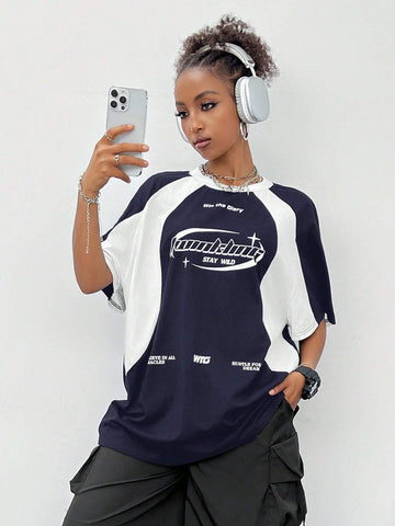 Women's Streetwear Oversized Racing Motorcycle Print Color Block Raglan Sleeve T-Shirt
