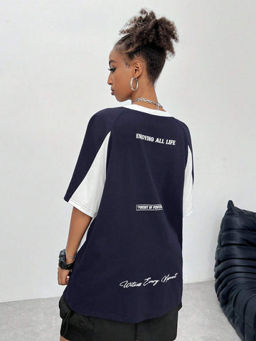 Women's Streetwear Oversized Racing Motorcycle Print Color Block Raglan Sleeve T-Shirt