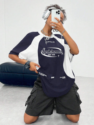 Women's Streetwear Oversized Racing Motorcycle Print Color Block Raglan Sleeve T-Shirt